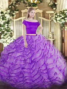 Tulle Off The Shoulder Short Sleeves Brush Train Zipper Appliques and Ruffles Sweet 16 Dresses in Lavender