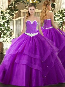 Floor Length Purple Vestidos de Quinceanera Tulle Sleeveless Appliques and Ruffled Layers