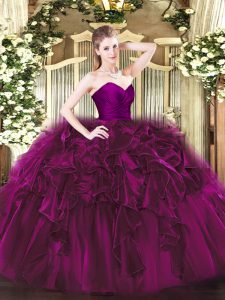 Pretty Sweetheart Sleeveless Ball Gown Prom Dress Floor Length Ruffles Fuchsia Organza