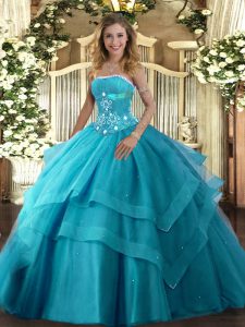 Floor Length Lace Up Quinceanera Dress Teal for Military Ball and Sweet 16 and Quinceanera with Beading and Ruffled Layers