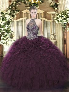 Hot Selling Dark Purple Halter Top Neckline Beading and Ruffles Sweet 16 Quinceanera Dress Sleeveless Lace Up