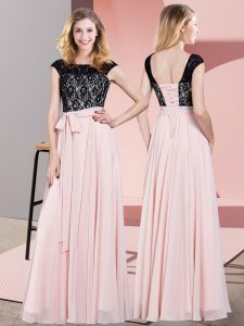 Glorious Baby Pink Evening Dress Prom and Party with Lace and Belt Scoop Sleeveless Lace Up