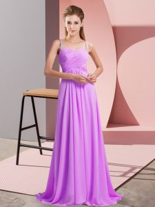 Affordable Sweep Train Empire Dress for Prom Lilac Spaghetti Straps Chiffon Sleeveless Backless
