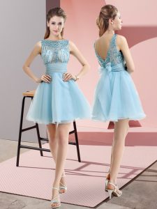 On Sale Mini Length Aqua Blue Prom Gown Tulle Sleeveless Beading and Belt