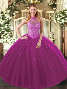 Captivating Floor Length Fuchsia Quince Ball Gowns Tulle Sleeveless Beading and Embroidery