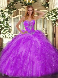 Eggplant Purple Ball Gowns Sweetheart Sleeveless Organza Floor Length Lace Up Beading and Ruffles Ball Gown Prom Dress
