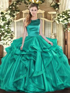 Beautiful Turquoise Lace Up Scoop Ruffles Quince Ball Gowns Organza Sleeveless