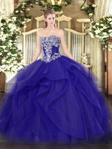 Blue Ball Gowns Strapless Sleeveless Tulle Floor Length Lace Up Beading and Ruffles Quinceanera Gowns