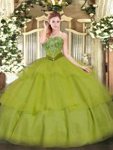 Olive Green Strapless Neckline Beading and Ruffled Layers Sweet 16 Dress Sleeveless Lace Up