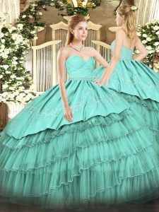 Turquoise Sweetheart Neckline Beading and Lace and Embroidery and Ruffled Layers Quinceanera Gown Sleeveless Zipper