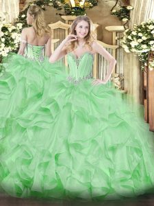 Glittering Floor Length Apple Green 15 Quinceanera Dress Organza Sleeveless Beading and Ruffles