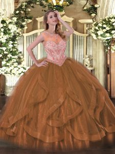 Pretty Tulle Scoop Sleeveless Lace Up Beading and Ruffles 15th Birthday Dress in Brown