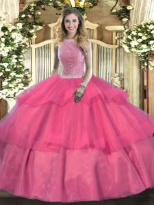 Floor Length Lace Up Quinceanera Gown Hot Pink for Military Ball and Sweet 16 and Quinceanera with Beading and Ruffled Layers