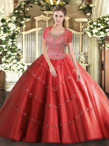 Hot Selling Floor Length Coral Red Sweet 16 Dresses Tulle Sleeveless Beading