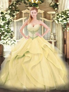 Floor Length Lace Up Quinceanera Dresses Gold for Military Ball and Sweet 16 and Quinceanera with Beading and Ruffles