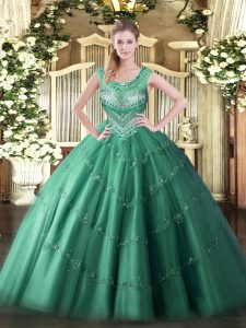 Exquisite Beading and Appliques 15th Birthday Dress Dark Green Lace Up Sleeveless Floor Length