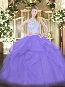 Customized Lavender Sleeveless Floor Length Lace and Ruffles Zipper Ball Gown Prom Dress