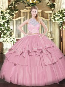 Low Price Baby Pink Scoop Zipper Lace and Ruffled Layers Quinceanera Gown Sleeveless