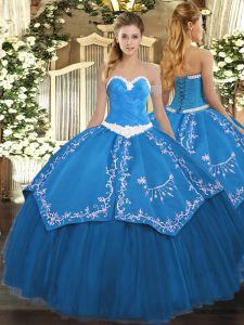 Admirable Blue Quince Ball Gowns Military Ball and Sweet 16 and Quinceanera with Appliques and Embroidery Sweetheart Sleeveless Lace Up