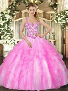 Enchanting Ball Gowns 15th Birthday Dress Lilac Straps Organza Sleeveless Floor Length Lace Up