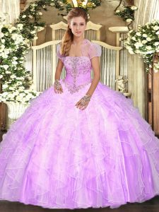 Perfect Lilac Tulle Lace Up Quinceanera Dresses Sleeveless Floor Length Appliques and Ruffles