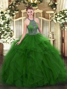 Artistic Sleeveless Floor Length Beading and Ruffles Lace Up Quinceanera Dresses with Green