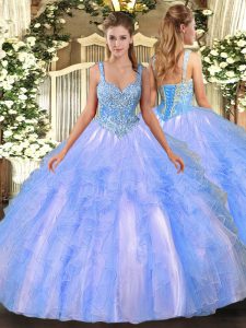 Vintage Straps Sleeveless Quinceanera Gown Floor Length Beading and Ruffles Light Blue Tulle