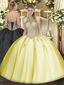 Yellow Lace Up Sweet 16 Quinceanera Dress Beading and Appliques Sleeveless Floor Length