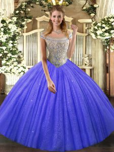 Adorable Ball Gowns Quinceanera Dress Blue Off The Shoulder Tulle and Sequined Sleeveless Floor Length Lace Up