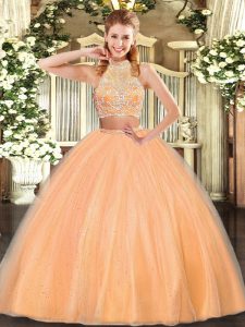 Nice Sleeveless Floor Length Beading Criss Cross Quinceanera Gowns with Orange Red