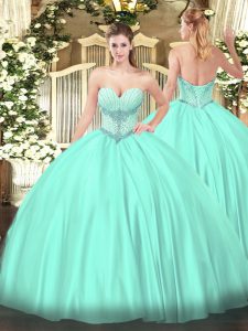 Floor Length Lace Up 15th Birthday Dress Apple Green for Military Ball and Sweet 16 and Quinceanera with Beading