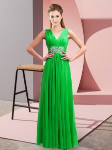 Chiffon V-neck Sleeveless Side Zipper Beading and Ruching Evening Dress in Green