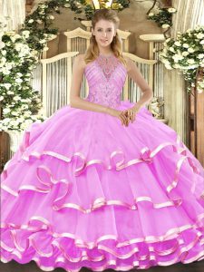 Luxury Lilac Ball Gowns Organza Halter Top Sleeveless Beading and Ruffled Layers Floor Length Lace Up Vestidos de Quinceanera