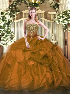 Floor Length Lace Up Quinceanera Dress Brown for Military Ball and Sweet 16 and Quinceanera with Beading and Ruffles