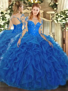 Blue Lace Up Scoop Lace and Ruffles Quince Ball Gowns Tulle Long Sleeves