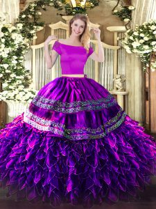 Eggplant Purple Organza and Taffeta Zipper Off The Shoulder Short Sleeves Floor Length 15th Birthday Dress Embroidery and Ruffles
