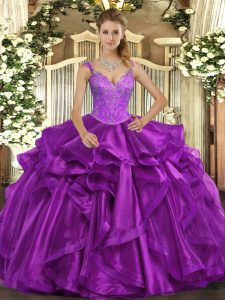 Beautiful Sleeveless Floor Length Beading and Ruffles Lace Up Vestidos de Quinceanera with Purple