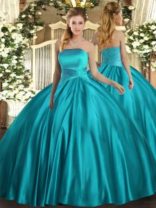 Teal Satin Lace Up Ball Gown Prom Dress Sleeveless Floor Length Ruching
