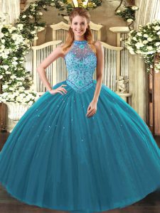 Cute Sleeveless Floor Length Beading and Embroidery Lace Up Sweet 16 Dresses with Teal