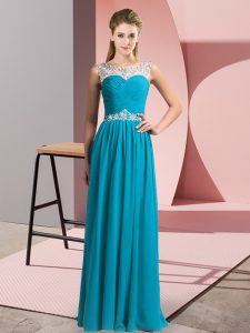 Sleeveless Chiffon Floor Length Clasp Handle Prom Dress in Teal with Beading