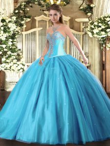 Captivating Aqua Blue Sleeveless Floor Length Beading Lace Up Quinceanera Gowns