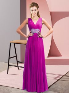 Floor Length Side Zipper Prom Evening Gown Fuchsia for Prom and Party with Beading and Ruching