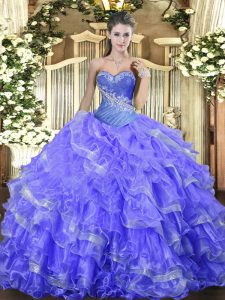 Organza Sweetheart Sleeveless Lace Up Beading and Ruffled Layers 15 Quinceanera Dress in Blue
