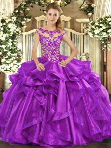 Top Selling Cap Sleeves Appliques and Ruffles Lace Up Quince Ball Gowns