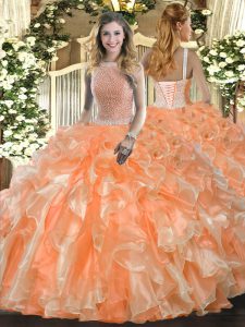 Orange Red Ball Gowns Organza High-neck Sleeveless Beading and Ruffles Floor Length Lace Up Sweet 16 Quinceanera Dress