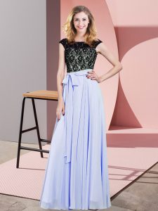 Floor Length Lavender Prom Gown Chiffon Sleeveless Lace and Belt
