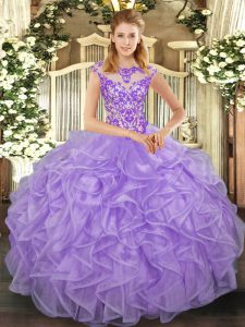 Cap Sleeves Lace Up Floor Length Beading and Appliques and Ruffles 15th Birthday Dress