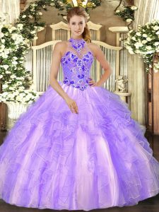 Graceful Halter Top Sleeveless Quinceanera Dress Floor Length Beading and Ruffles Lavender Organza