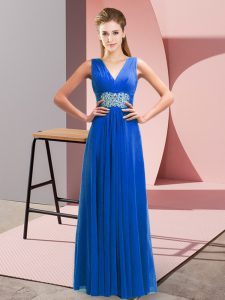 Free and Easy Beading and Ruching Dress for Prom Blue Lace Up Sleeveless Floor Length