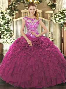 Customized Scoop Cap Sleeves 15 Quinceanera Dress Floor Length Beading and Appliques and Ruffles Fuchsia Organza